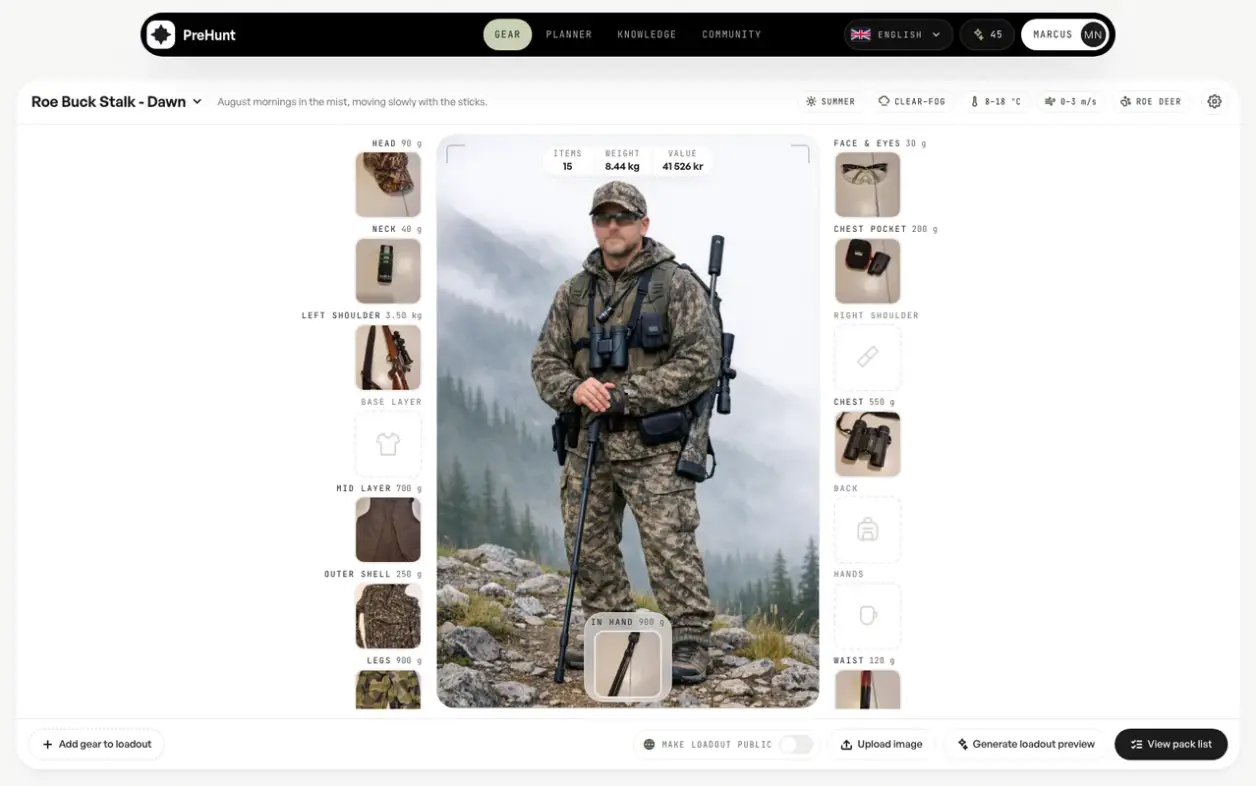 The PreHunt loadout studio: gear photos filling every carry slot around an AI preview of the hunter wearing the kit, with item count, total weight and value across the top.