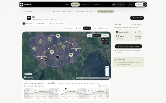 The PreHunt hunt planner: a satellite field map of the ground with the approach route drawn waypoint by waypoint, live wind and the hour-by-hour forecast beneath it.